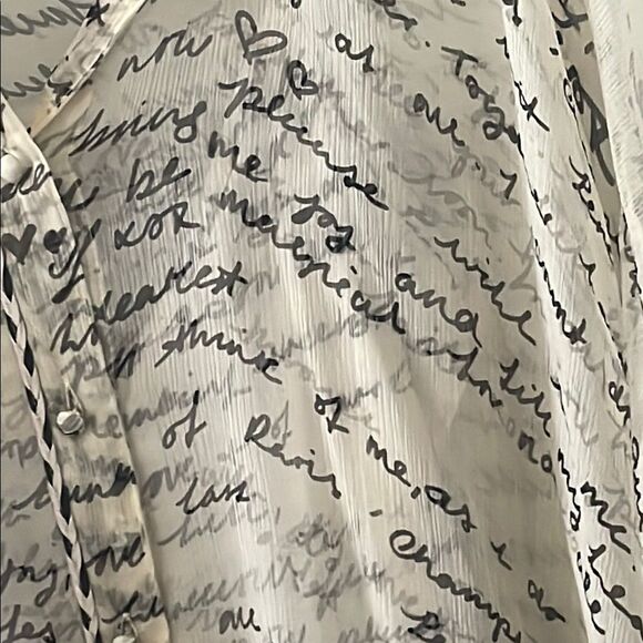 Johnny Was Katia Cream and Gray Script Oversize Silk Blouse - Picture 5 of 5